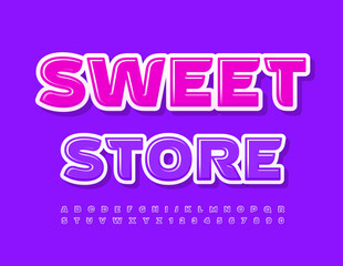 Vector bright signboard Sweet Store. Elegant violet Font. Glossy Alphabet Letters and Numbers.