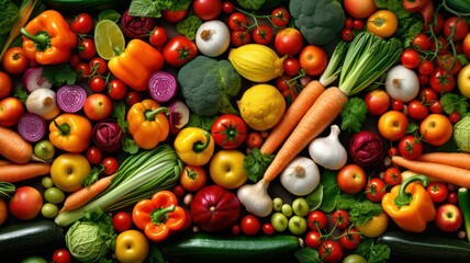 Panorama collage of many different vegetables created with Generative AI