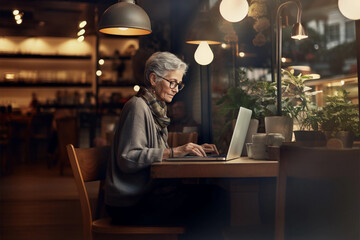 Portrait of senior woman with grey hair working on laptop in cafe