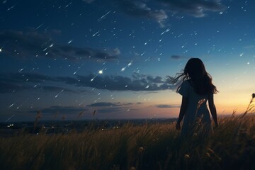 Obraz premium Girl field stars sky. Generate Ai