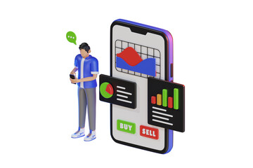 Investing in stock using mobile app 3d Illustration