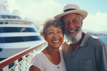 Interracial senior couple on cruise ship. Lifestyle and travel concept - obrazy, fototapety, plakaty