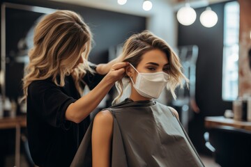 Hairdresser putting mask woman. Generate Ai