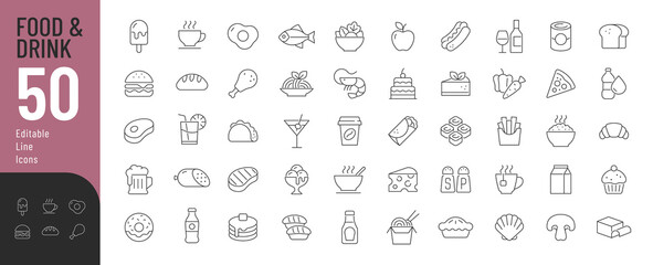 Food and Drink Line Editable Icons set. Vector illustration of gastronomic related icons: meat, fast food, main dishes, pastries, desserts, Asian cuisine, and drinks. Isolated on white