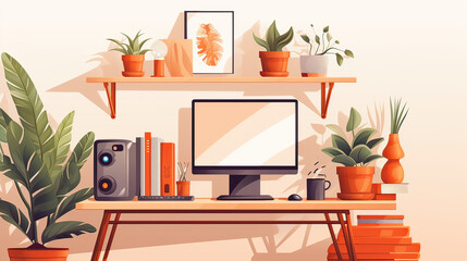 A modern home office setup with plants and technology. AI generative