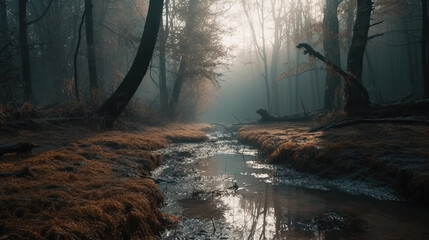 Small River Floating Middle of Misty Dense Forest