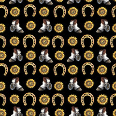 Seamless pattern with hooves, horseshoe and sunflower. Hand-painted in watercolor. On a black background. For printing, textiles and labels. For postcards, wallpaper and packaging. For the background.