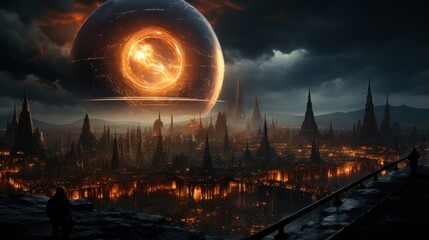 A cosmic portrait of a futuristic city with a colossal red laser eye.