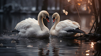 Two White Swans Swimming on Lake Their Necks Form a Heart Snowy Winter Day