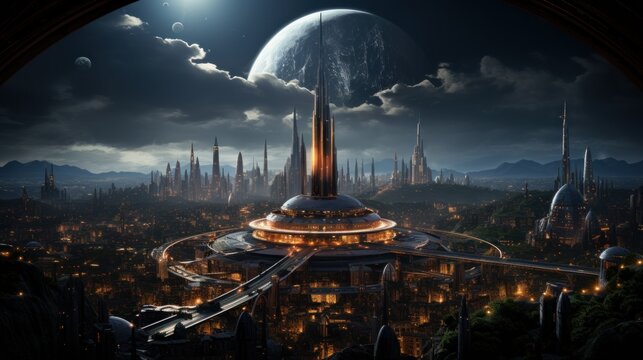 A cosmic portrait of a futuristic city with a colossal red laser eye. 