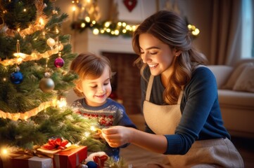 Fototapeta na wymiar cheerful smiling adorable caucasian girl decorating Christmas tree with happy mother, putting toys on branches, enjoying preparing New Year celebration at home, miracle time concept