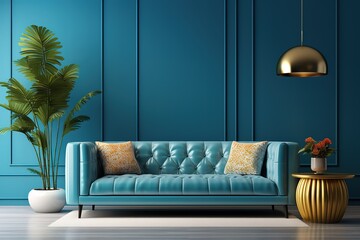 Mock up wall in steel blue modern interior background, living room, Scandinavian style | bright living room interior with royal blue couch |  living room with a blue accent wall, Generative AI