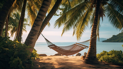 A hammock between two palm trees on a secluded beach. AI generative