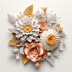 3d illustration of floral composition made of white and orange paper flowers