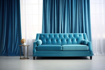 The interior of a modern living room with a dark blue sofa | Modern cosy living room and blue wall texture background interior design / 3D rendering , Generative AI