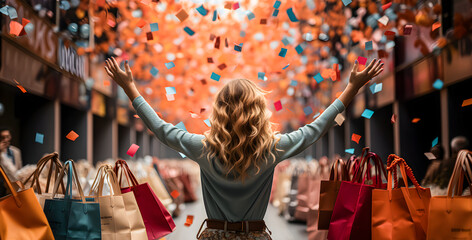 Naklejka premium Happy woman with open arms surrounded by shopping bags on sale and colorful confetti falling from the sky. Concept of shopping, stores and sales. Generative ai