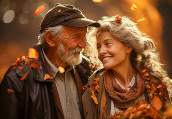 old couple in love in an autumn forest