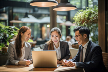 business, businesswoman, office, opportunity, business person, confidence, leadership, smile, elegance, expertise. at co-work space, group employee in front of laptop to discuss business and consult.