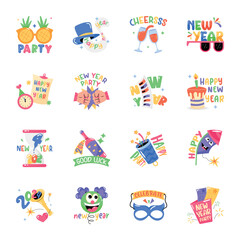 Modern Set of New Year Celebrations Flat Stickers 

