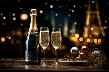 Fotobehang celebration, christmas, bubble, drink, gold, luxury, wine, alcohol, champagne, event. anniversary party is coming to celebrate. luxury wine and champagne put on night dinner, like in paris. © Day Of Victory Stu.