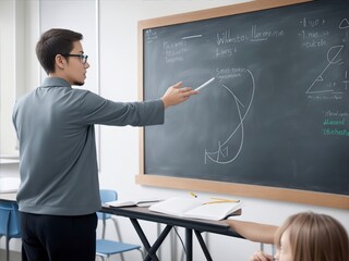 teacher in classroom with blackboard