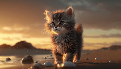 A Beautiful Fluffy Kitten Walking on The Beach at Sunset Selective Focus
