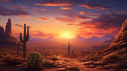 A desert scene with a lone cactus under a radiant sunset. AI generative
