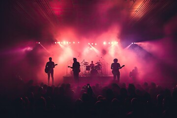 celebration, concert, party, stage, club, event, night, festival, nightclub, show. in night club at stage has band is now show it. above there light and smoke follow member of band, concert festival.