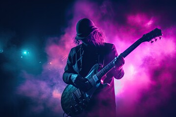 celebration, concert, party, stage, club, event, night, festival, nightclub, show. night club on the stage has smoke and light, now for concert festival. then close up to guitar now solo it.