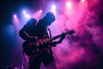 celebration, concert, party, stage, club, event, night, festival, nightclub, show. night club on the stage has smoke and light, now for concert festival. then close up to guitar now solo it. - obrazy, fototapety, plakaty