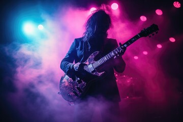 Obraz premium celebration, concert, party, stage, club, event, night, festival, nightclub, show. night club on the stage has smoke and light, now for concert festival. then close up to guitar now solo it.