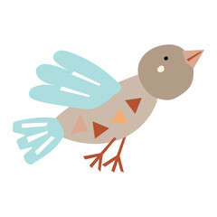 Flying bird, side view. Cut out childish design element. Vector illustration