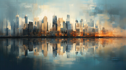 Fototapeta na wymiar A cityscape reflecting on a tranquil water surface. AI generative