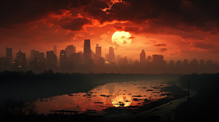 The Skyscrapers Are Seen During Sunset Under Sky Watercolor Painting