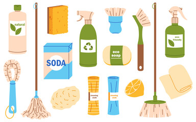 Set of eco-friendly products for house cleaning. Natural organic  household stuff. Collection of green home supplies. Flat vector illustration.