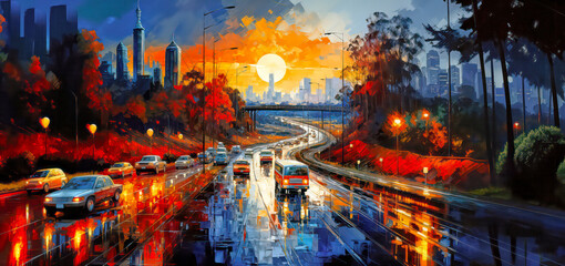 Watercolor painting of a big city highway during the day with many cars and a red buss at sunset, sunrise, light reflections, panorama as a background or wallpaper, generative ai
