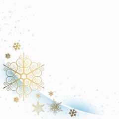 White winter and Christmas background with golden snow flakes and blue modern curves.