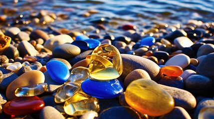 Fototapeta premium Clear Sky and White Sand Beach with Many Colorful Glittering Round Pebbles-Stones