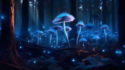 A cluster of vibrant blue mushrooms in a mystical forest
