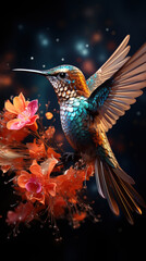 Obraz premium Exotic Colorful Colibri Humming Bird Mid Flight on a Flower Tree Selective Focus