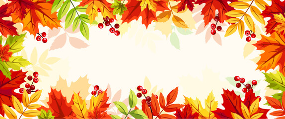 Autumnn background with red, orange, yellow, and green autumn leaves and rowanberries. Vector banner or header