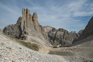 Trekking in Dolomites / Dolomiti mountains, Catinaccio / Rosengarten, Panoramic view of Torri del Vajolet / Vajolet, Beautiful landscape