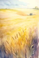 Beautiful wheat field. Watercolor landscape. AI generated illustration