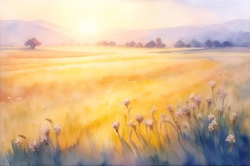 Fototapeten Beautiful wheat field. Watercolor landscape. AI generated illustration © vector_master