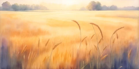 Keuken spatwand met foto Beautiful wheat field. Watercolor landscape. AI generated illustration © vector_master