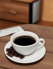A cup of coffee with some coffee beans on a wooden table.