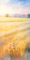 Schilderijen op glas Beautiful wheat field. Watercolor landscape. AI generated illustration © vector_master