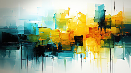 Lines and Square Boxes Draw With Thick Paint Brush Strokes Colors of Green, Yellow, Black and Blue Abstract Art