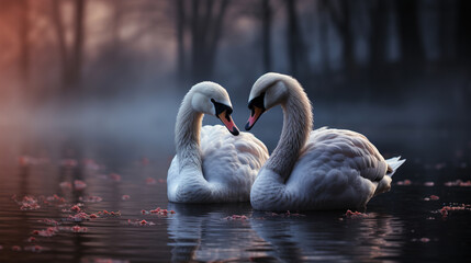 Fototapeta premium Two White Swans Swimming on Lake Their Necks Form a Heart Snowy Winter Day