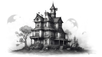 Minimal Black and White Drawing of a Beautiful Haunted House with White Background